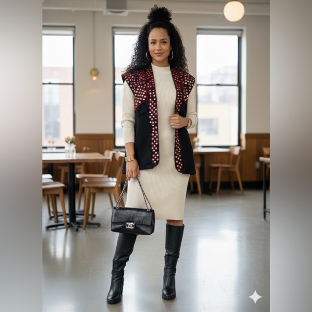 Sfera Artisan Embroidered Vest Red Mirror Details Boho Statement Piece L